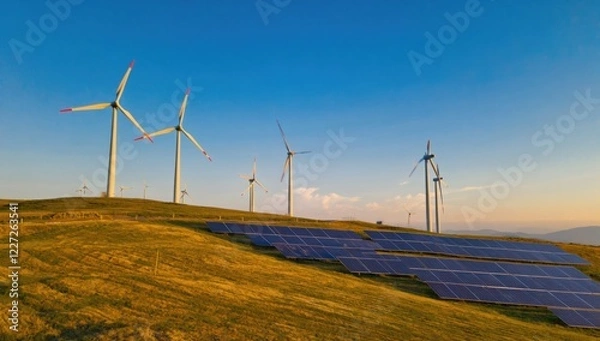 Fototapeta Wind turbines and solar panels working harmoniously on a hilltop, producing clean and sustainable energy while basking in the glow of a clear blue sky
