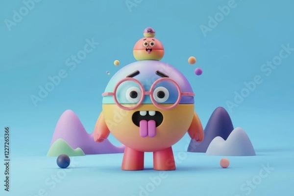 Fototapeta Playful 3D character with glasses and a smaller character on its head, set against a pastel landscape.