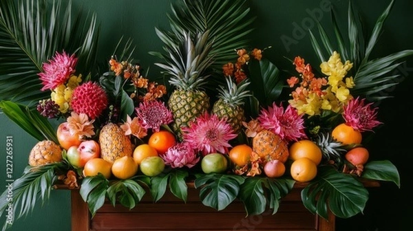 Fototapeta A table full of fruits and flowers with a green background