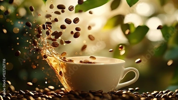 Fototapeta Cup of coffee and splash of coffee beans heart. Selective focus.