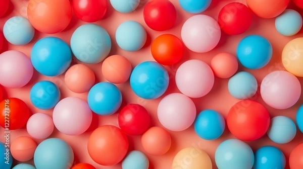 Fototapeta Colorful balls of various sizes on a pink background. The balls are in pastel shades of pink, blue, orange, and yellow.