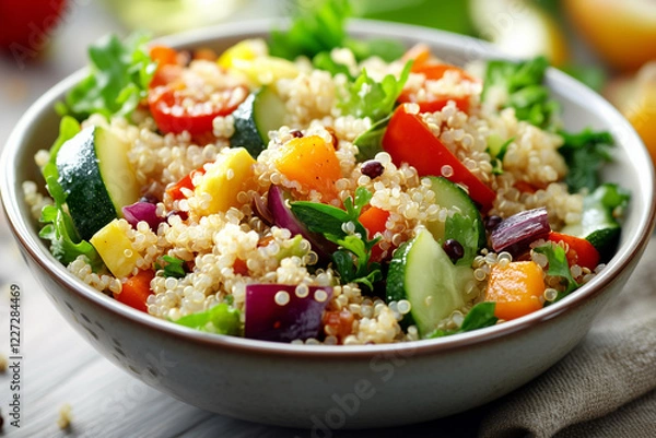 Fototapeta A Fresh Organic Quinoa Salad with Roasted Vegetables and a Lemon Dressing