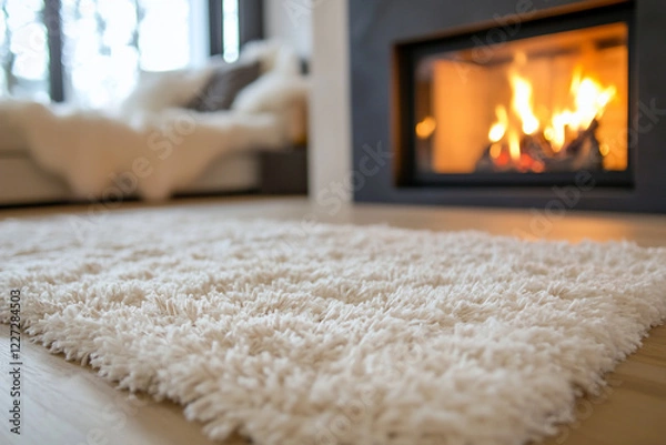 Fototapeta Cozy living room with a plush white rug in front of a glowing fireplace, enhancing warmth and comfort