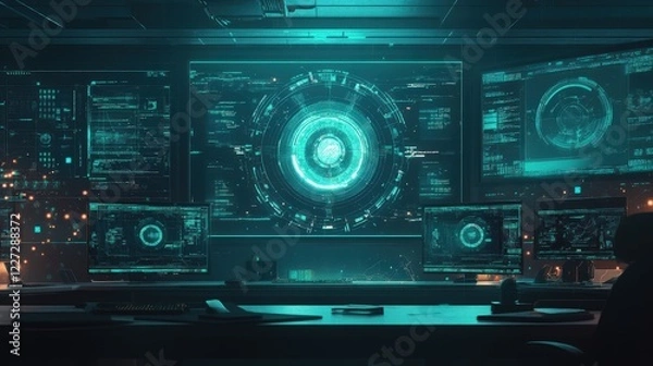 Fototapeta A computer monitor displays a green circle with a lot of numbers and letters