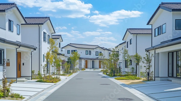 Fototapeta 緑あふれる現代的な住宅街の白い家並み