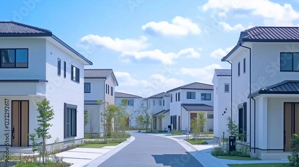 Fototapeta 緑あふれる現代的な住宅街の白い家並み