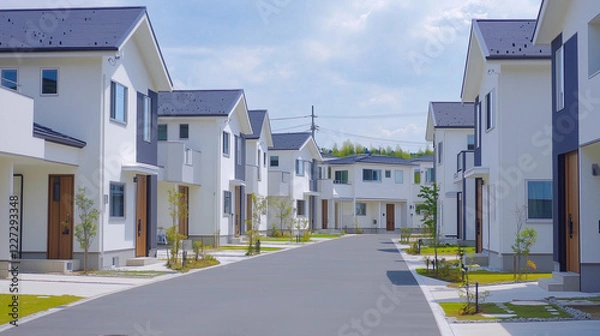 Obraz 緑あふれる現代的な住宅街の白い家並み