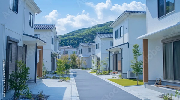 Fototapeta 緑あふれる現代的な住宅街の白い家並み