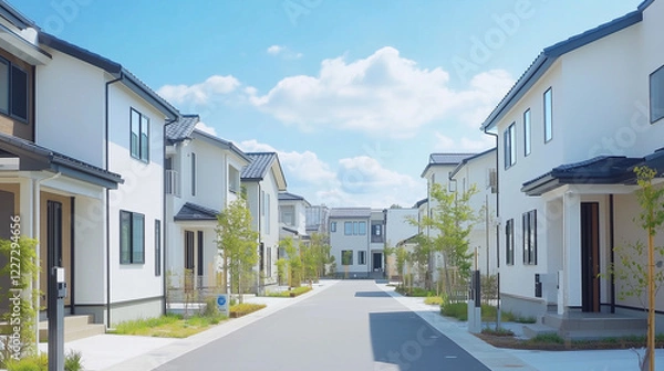 Obraz 緑あふれる現代的な住宅街の白い家並み