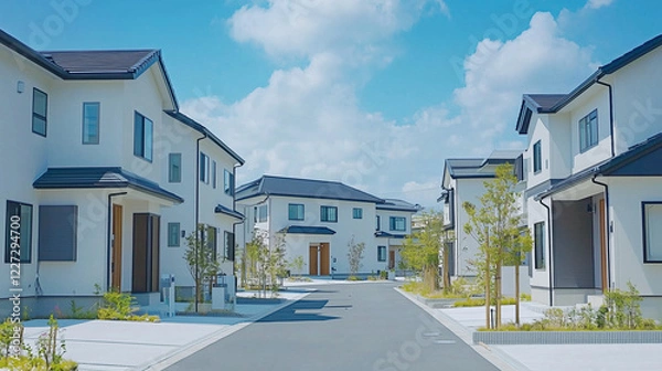 Obraz 緑あふれる現代的な住宅街の白い家並み