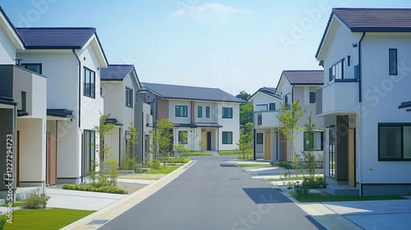 Obraz 緑あふれる現代的な住宅街の白い家並み