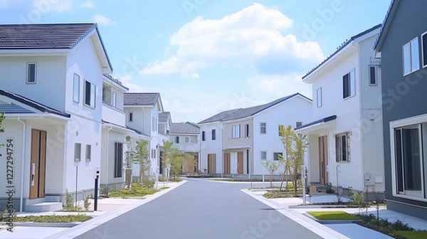 Obraz 緑あふれる現代的な住宅街の白い家並み