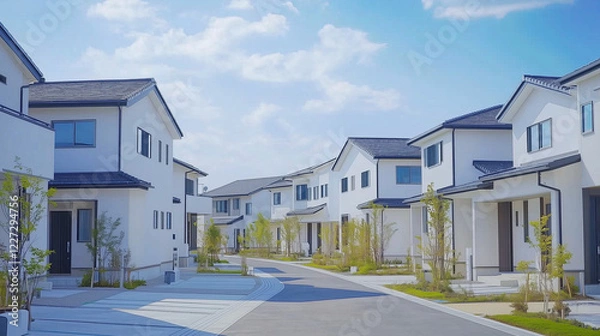 Obraz 緑あふれる現代的な住宅街の白い家並み