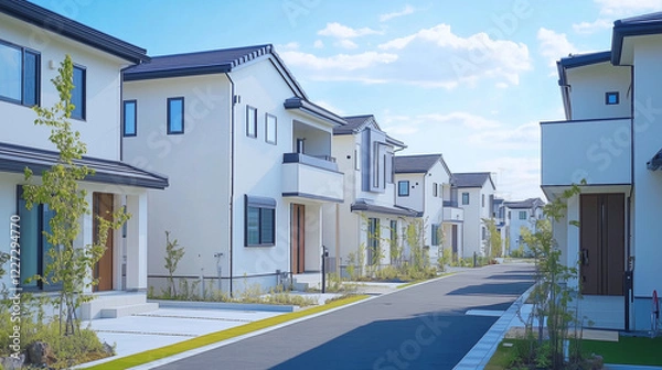 Obraz 緑あふれる現代的な住宅街の白い家並み