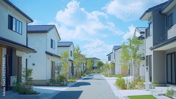 Obraz 緑あふれる現代的な住宅街の白い家並み