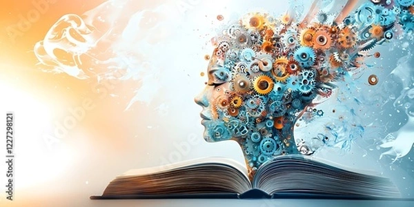 Fototapeta A surreal artwork of a woman's face emerging from an open book, with intricate gears and mechanical elements symbolizing knowledge, creativity, and intelligence.