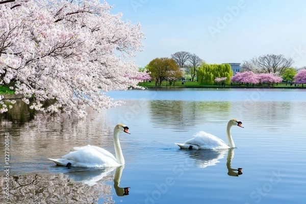 Fototapeta Swan Pair on a Lake A pair of swans gliding gracefully across a lake surrounded by blooming trees.