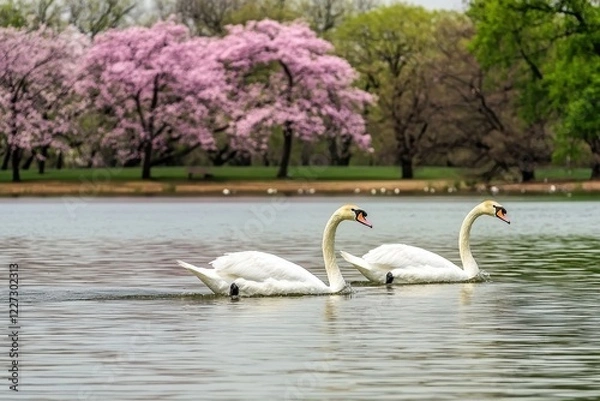Fototapeta Swan Pair on a Lake A pair of swans gliding gracefully across a lake surrounded by blooming trees.