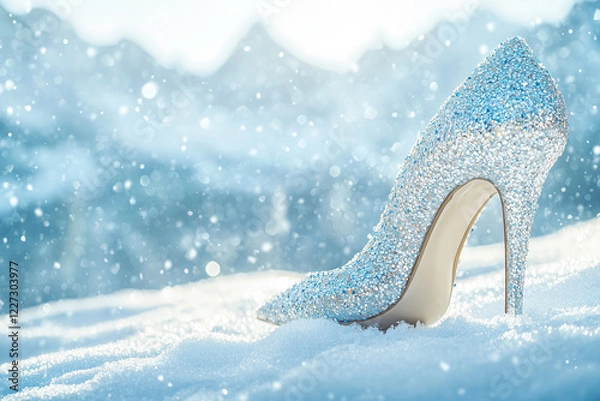 Fototapeta A dazzling high-heeled shoe glistens in a snowy landscape, capturing the essence of winter elegance and sparkle.