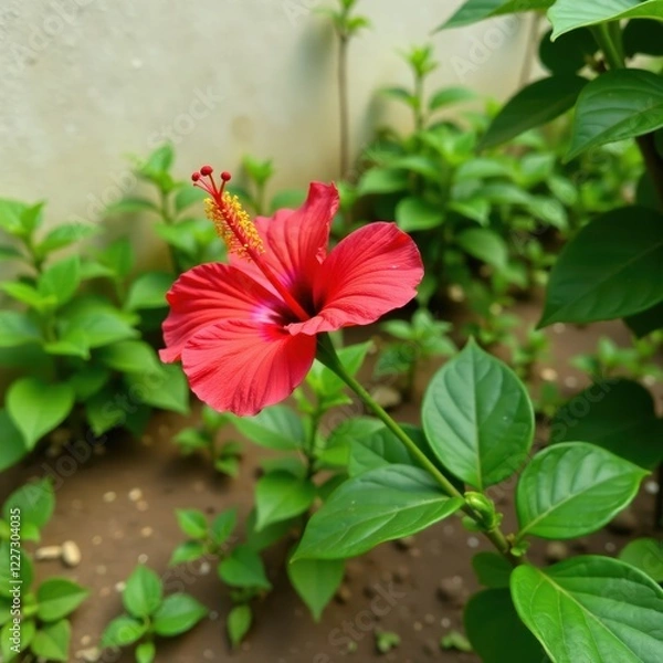 Fototapeta Single red hibiscus bloom on long slender stem, blossom, garden