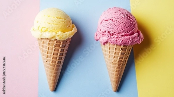 Fototapeta Two Scoops Of Ice Cream In Cones On Colorful Background