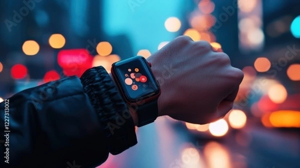 Fototapeta A person wearing a smart watch is standing in the rain