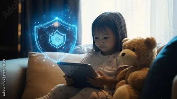 Fototapeta Child using tablet with digital security shield icon protection concept