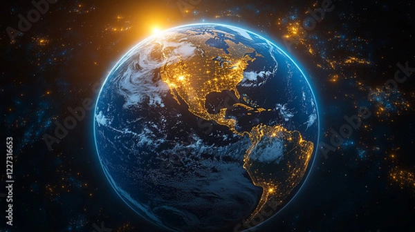 Fototapeta Earth glowing with shining light  against the infinite darkness of space