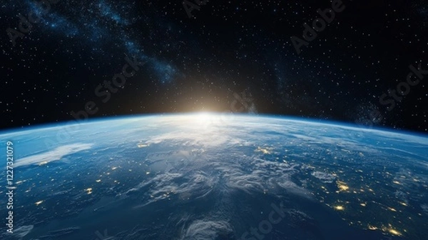 Fototapeta View of earth from space showing continents oceans and atmospheric features in a detailed perspective