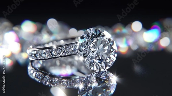 Obraz A close-up of diamond wedding rings placed on a reflective surface with glistening light effects around them.