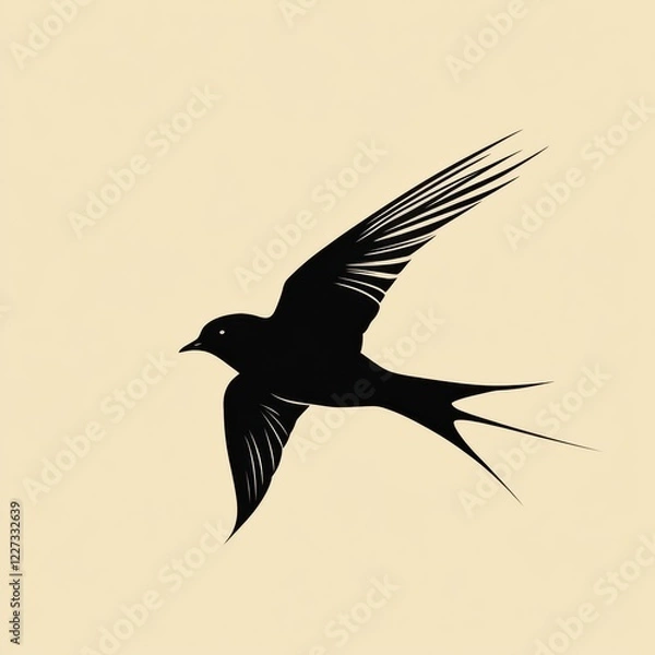 Obraz Elegant black bird soaring through a soft beige background showcasing its detailed wings and streamlined form. Generative AI