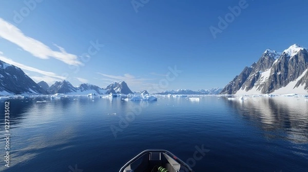 Fototapeta Boat navigating through a vast body of water under a clear blue sky