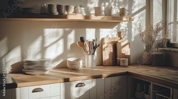 Fototapeta A modern Nordic kitchen with clean white cabinets, a wooden island, and bright daylight highlighting ceramic tableware