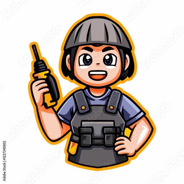 Fototapeta Cartoon Character in Tactical Gear with Helmet and hand drill, Action Hero Ready for Duty, Fun and Bold Illustration