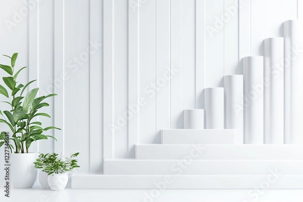 Fototapeta Neutral white space showcases rising bar chart lines created with stylized elements. Bright, even lighting enhances the subtle gradients. Planters with greenery add life and contrast