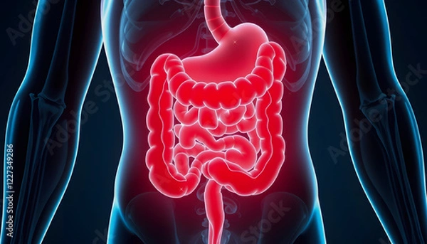 Fototapeta Pain in human intestines, bowel concept. Ghost light effect, x-ray hologram. 3D rendering , with white tonespng