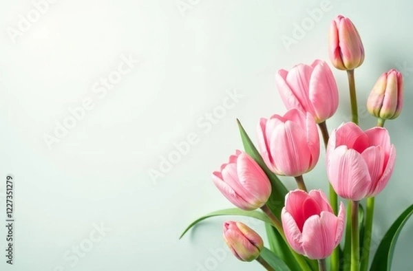Fototapeta Frame with space for text surrounded by tulips, perfect for 8th March, Mother's Day, or spring greetings. Ideal for cards, ads, or social media. Created with vibrant colors and soft light