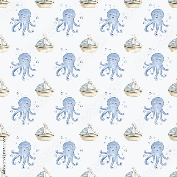 Fototapeta Whimsical marine pattern featuring playful octopuses and sailboats in soft blue tones
