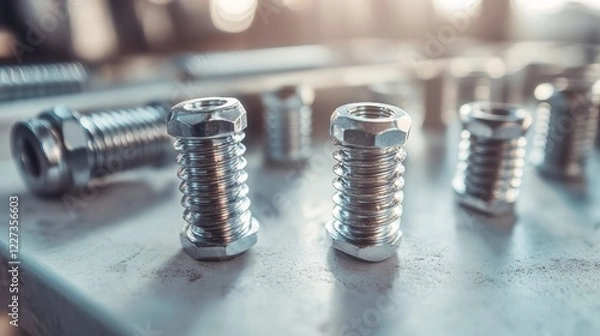 Fototapeta Fully threaded metric stainless steel hex socket head cap screws and Allen bolts displayed on a white table.