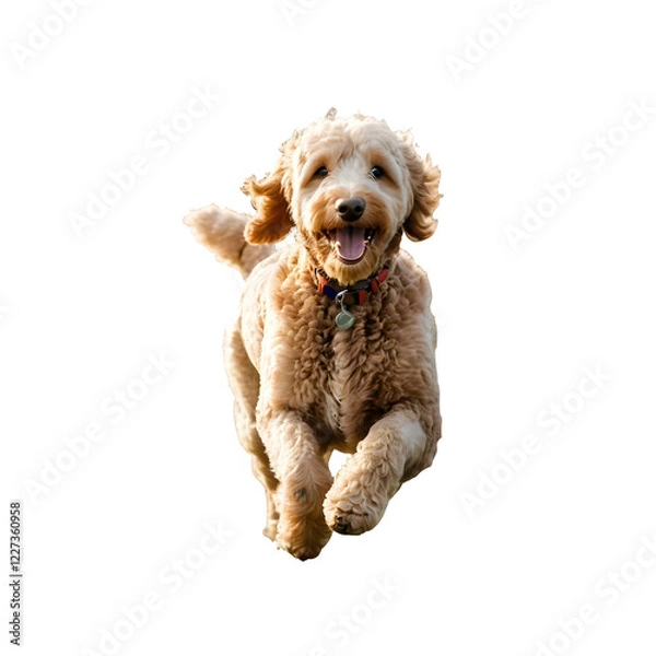 Fototapeta A photo of a Golden Doodle running through a field on a transparent background PNG 
