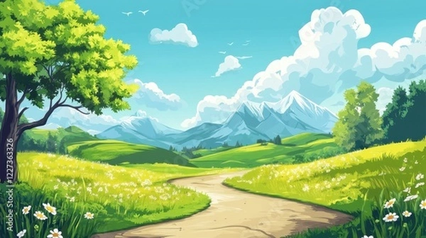 Fototapeta Serene Spring Landscape With Winding Path And Majestic Mountains