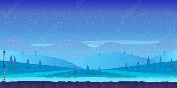 Obraz Seamless cartoon winter landscape background endless ice, snow hills, mountains, clouds, sky