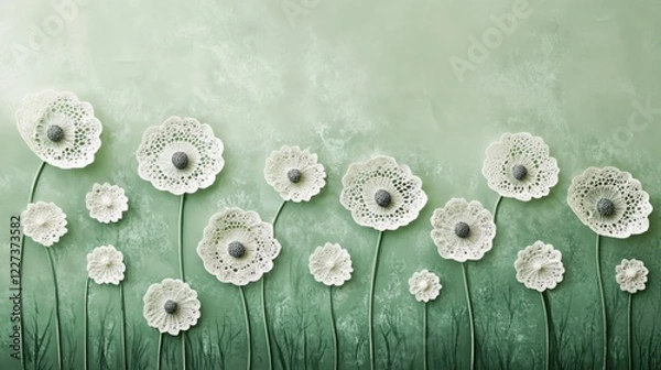Fototapeta Delicate Crochet Flowers on Green Textured Background with Soft Light and Artistic Feel