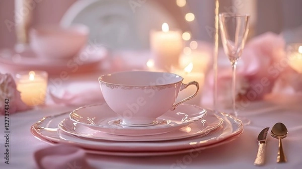 Fototapeta Elegant pink teacup on table with plates and candles in soft light for a romantic setting