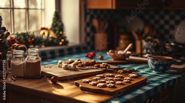 Fototapeta Festive kitchen scene with cookies and decorations on wooden counter in warm light