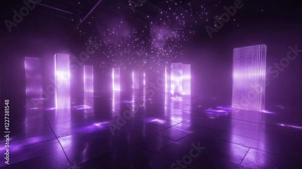 Fototapeta Futuristic purple led light installation in reflective space art concept