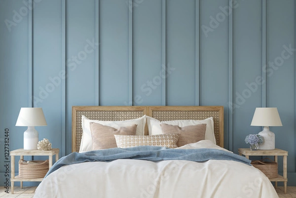Fototapeta Bedroom in a nautical style. Frame mockup. 3d render.