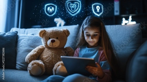 Fototapeta A young girl using a tablet with glowing security icons floating above her head next to a teddy bear