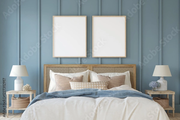 Fototapeta Bedroom in a nautical style. Frame mockup. 3d render.