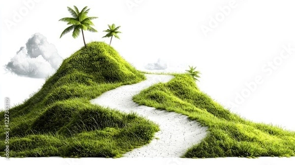 Fototapeta Winding path on grassy hill, palm trees, clouds; idyllic travel destination